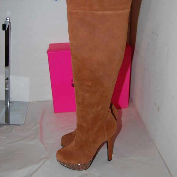 7.5❤️Betsey Johnson Suede Oiled Leather Over the Knee High Heels Platform BOOTS - Picture 1 of 12